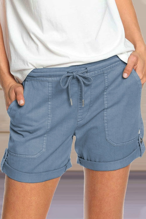 Elastic Waistband Pocket Drawstring Shorts with Button