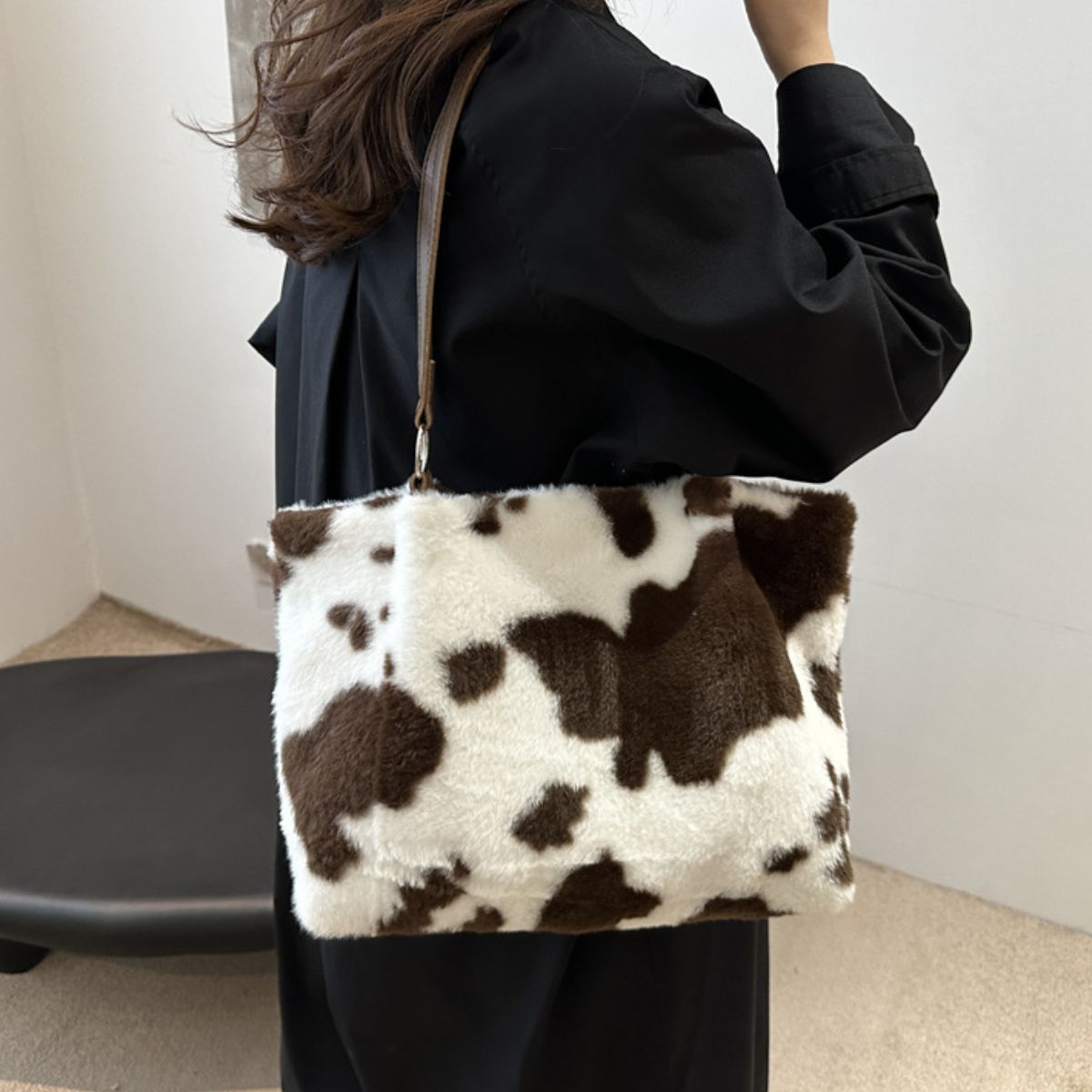 Cow Print Furry Tote Bag