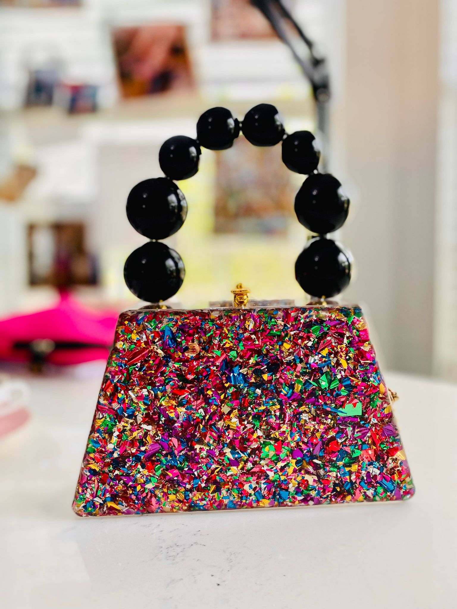 Forever Love confettie Top Handle Acrylic Clutch