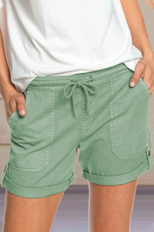 Elastic Waistband Pocket Drawstring Shorts with Button