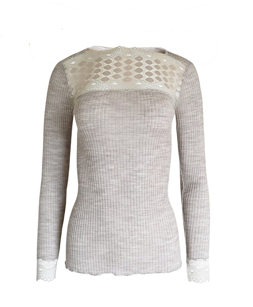 EGI Exclusive Merino Wool Blend Top Lace Trim Long Sleeves