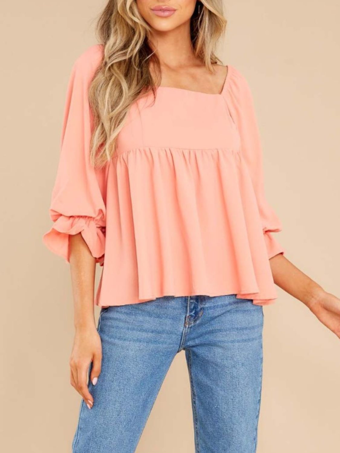 Smocked Square Neck Flounce Sleeve Blouse