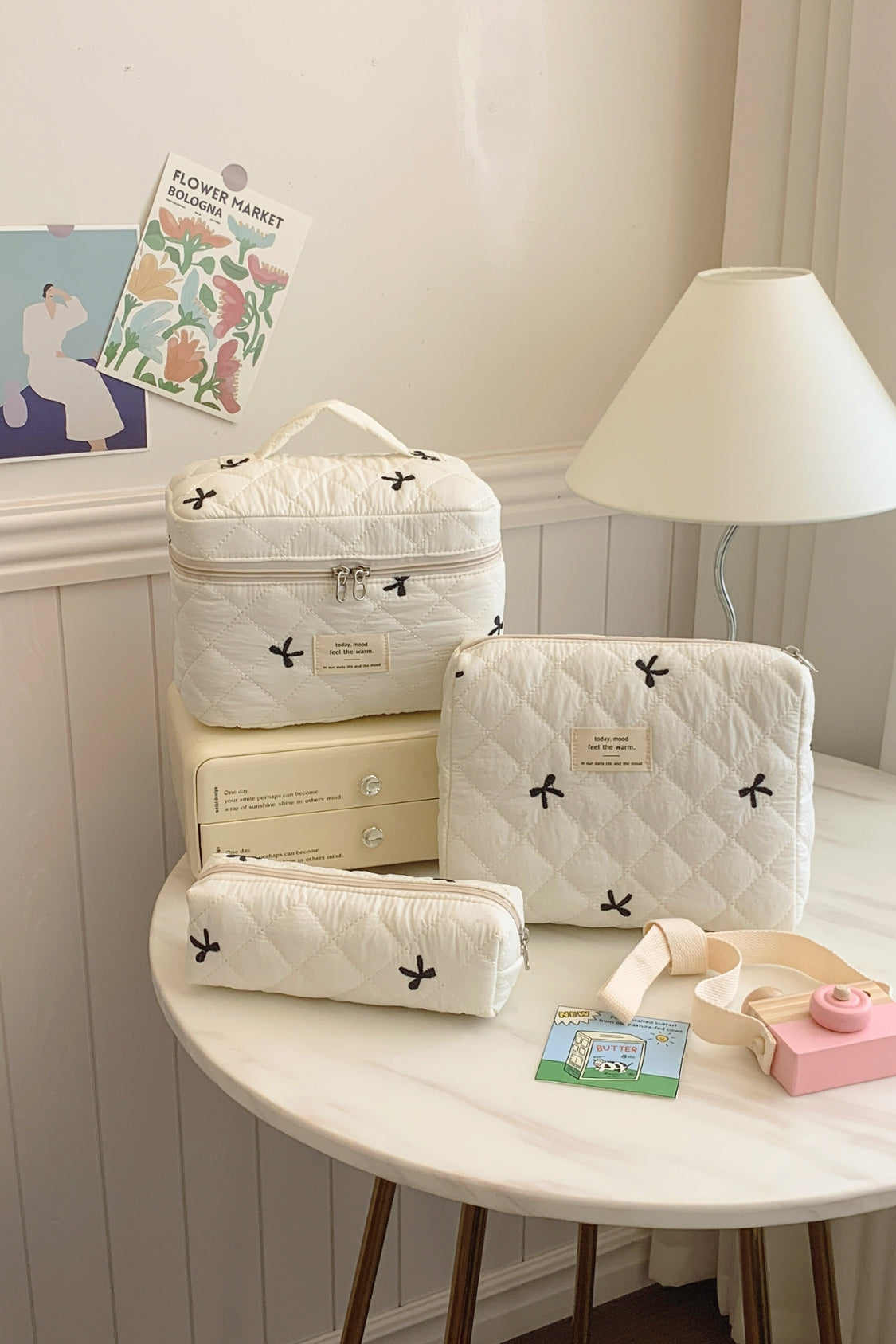 Three Piece Bow Quilted Cloth Storage Bag Set