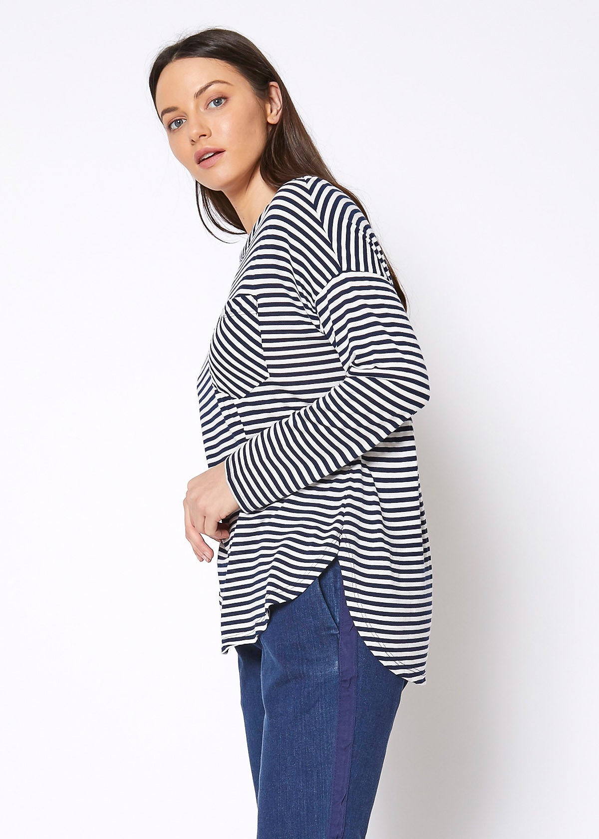 Women's Crewneck Round Hem Stripe Top