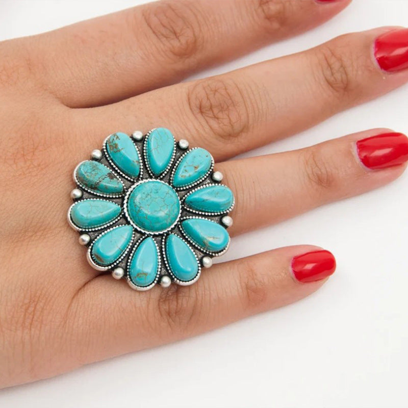 Artificial Turquoise Alloy Flower Ring