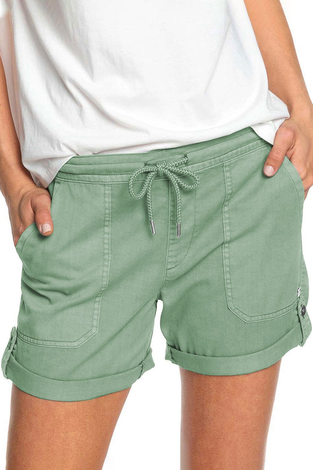 Elastic Waistband Pocket Drawstring Shorts with Button