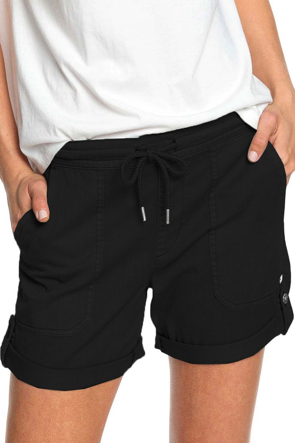 Elastic Waistband Pocket Drawstring Shorts with Button