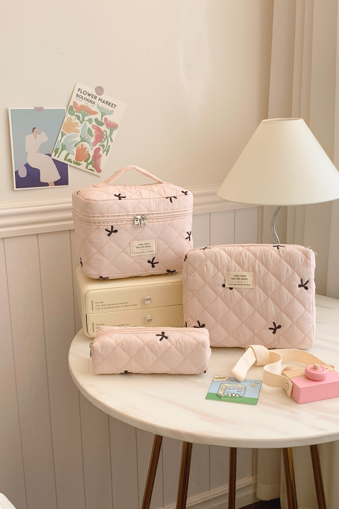 Three Piece Bow Quilted Cloth Storage Bag Set