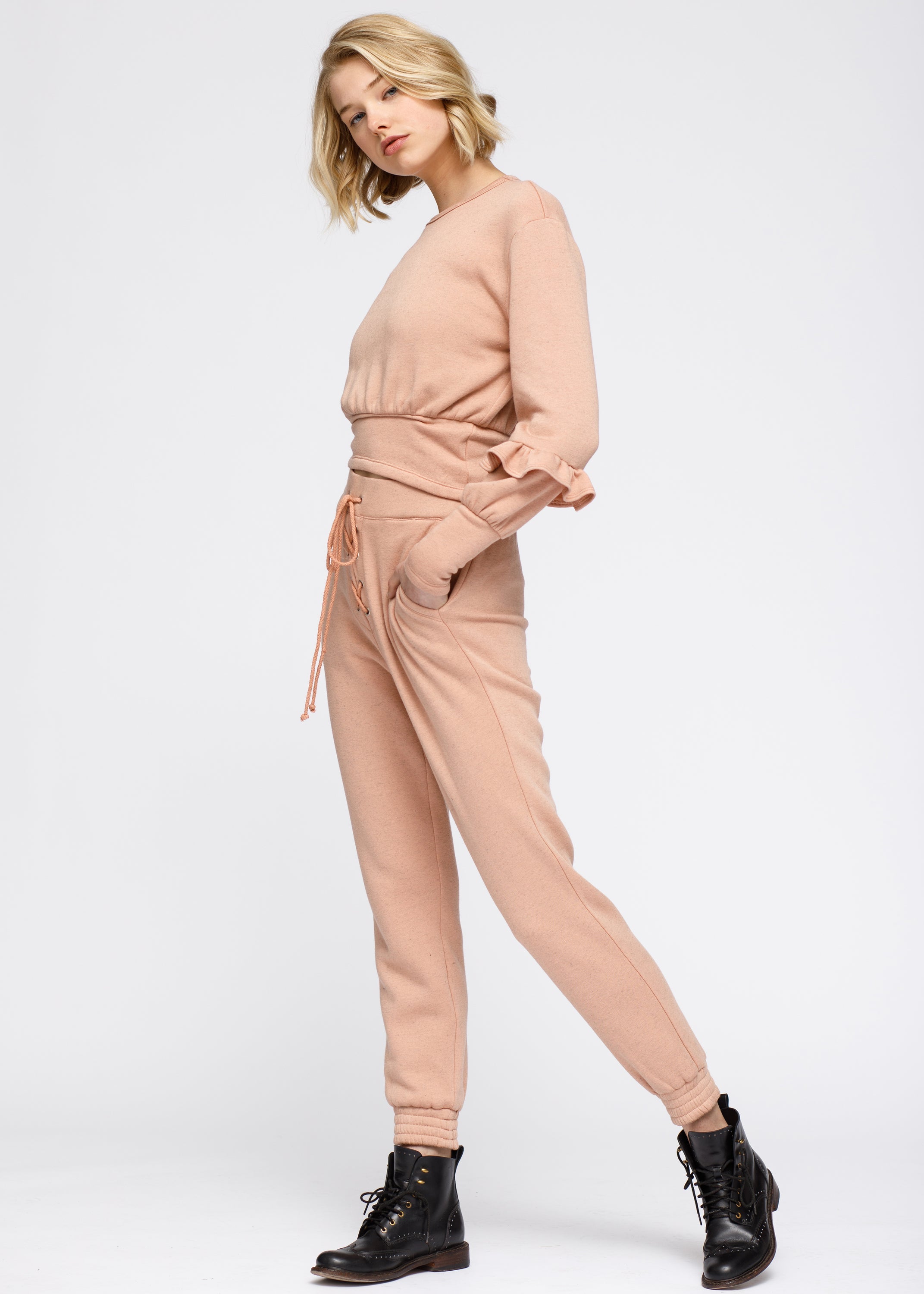 Crewneck Ruffle Sleeve Peplum Sweatshirt In Peach