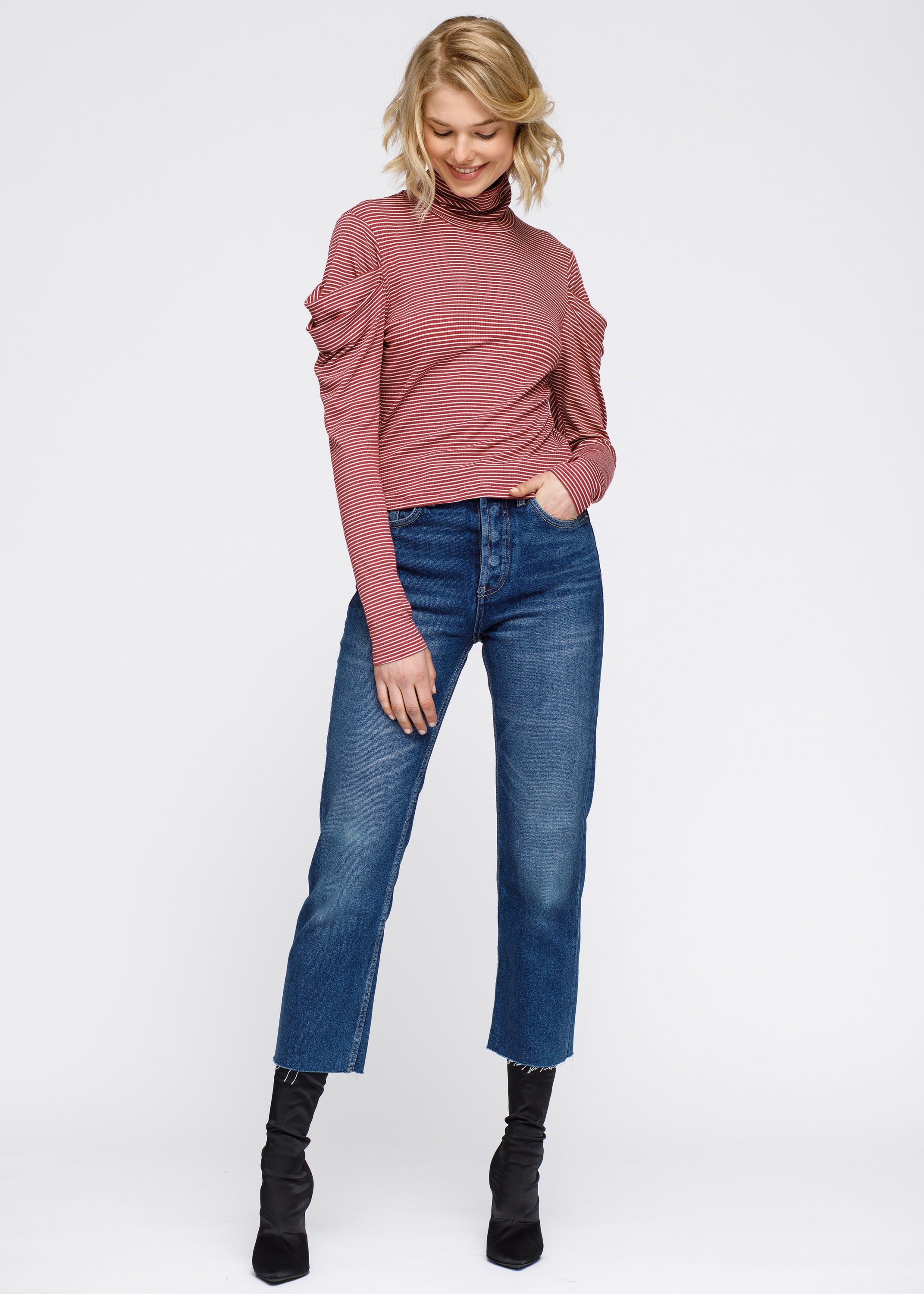 Turtle Neck Puff Sleeve Stripe Knit Top