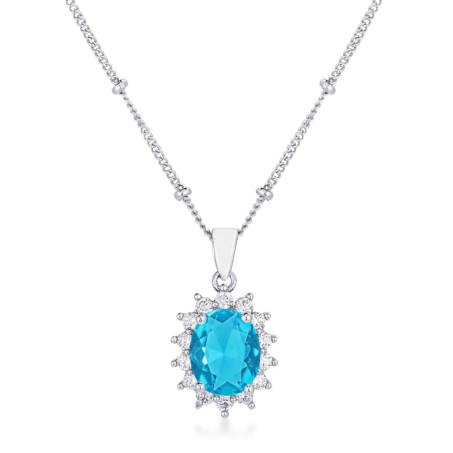 Rhodium Plated Aqua Blue Petite Royal Oval Pendant