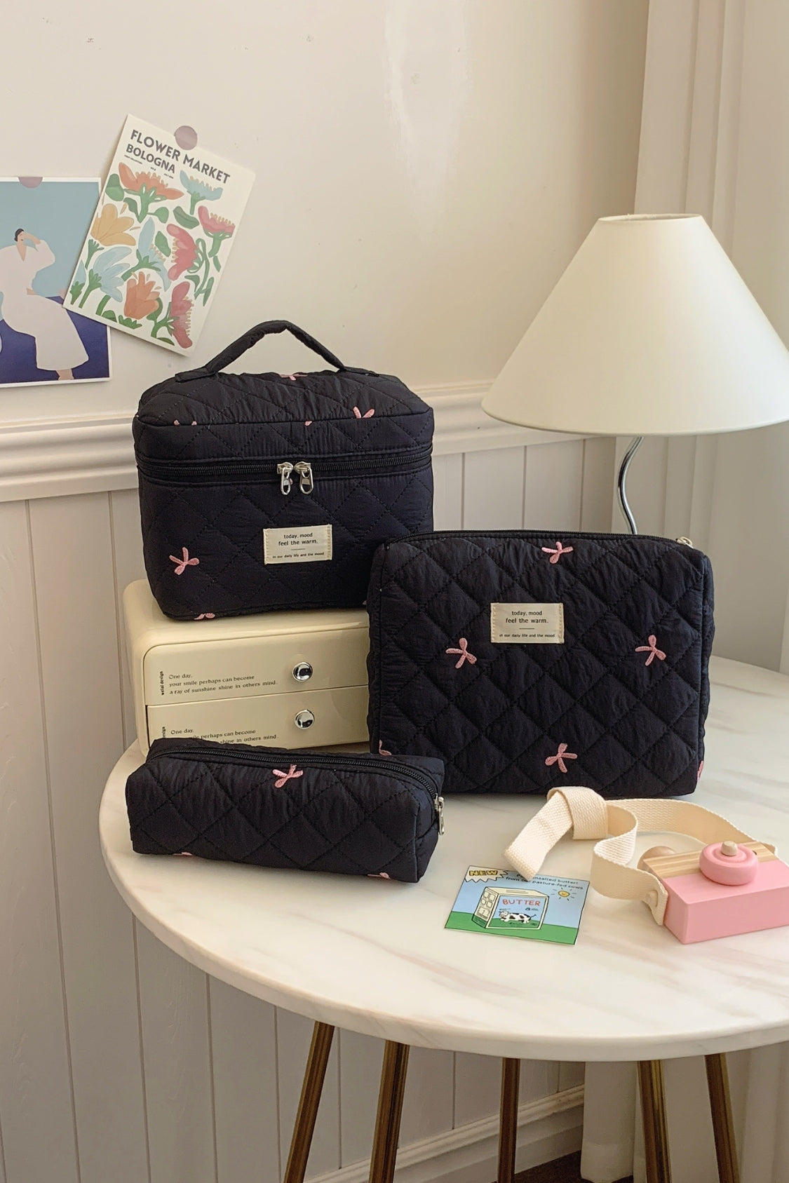 Three Piece Bow Quilted Cloth Storage Bag Set