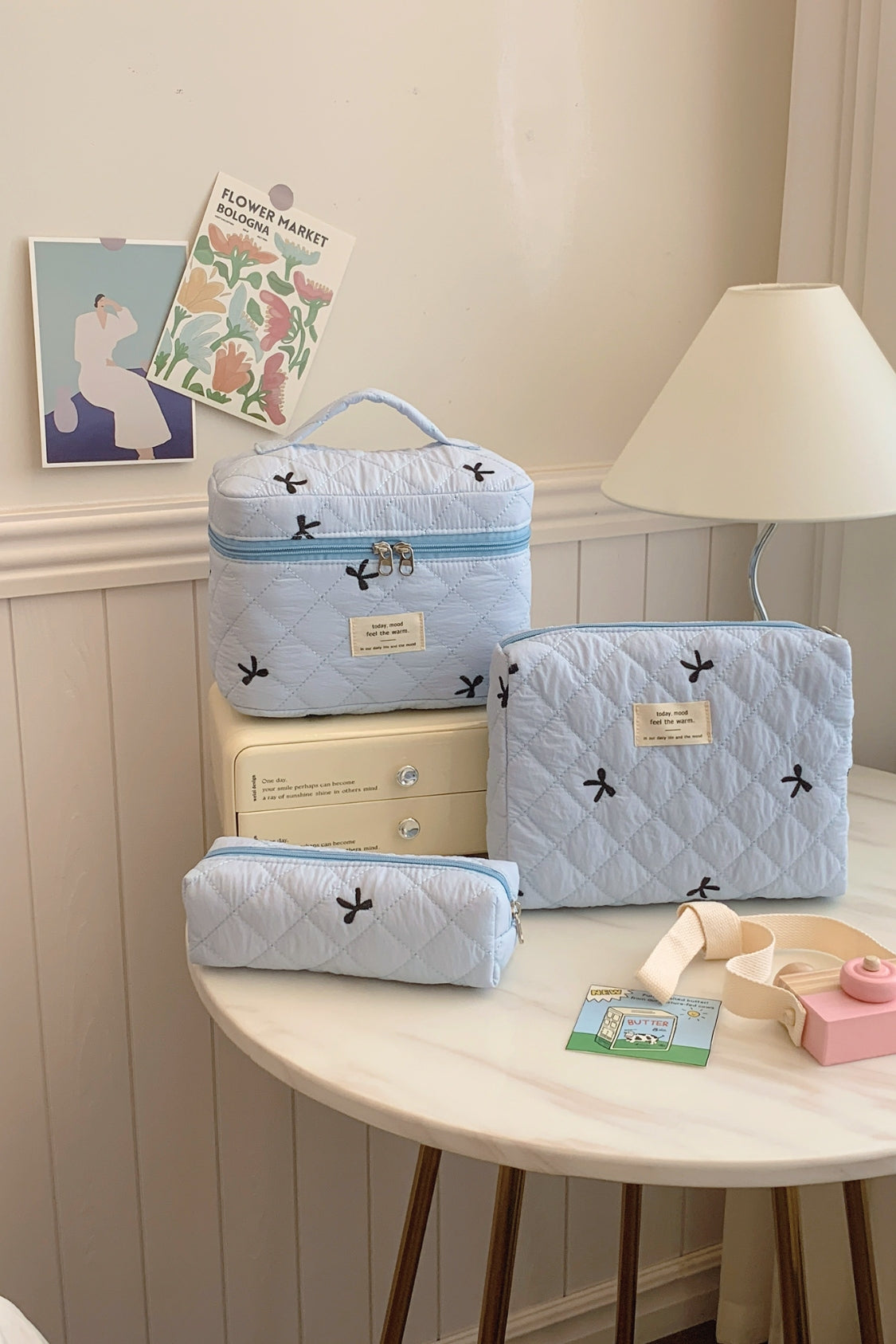 Three Piece Bow Quilted Cloth Storage Bag Set