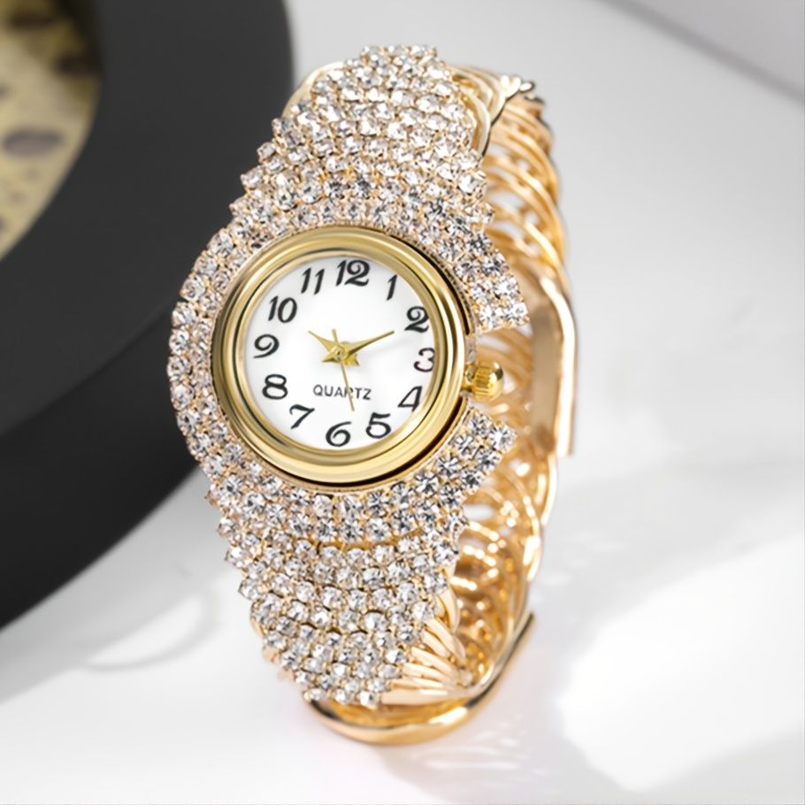 Women Girls Elegant Crystal Bangle Bracelet Round Dial Analog Quartz