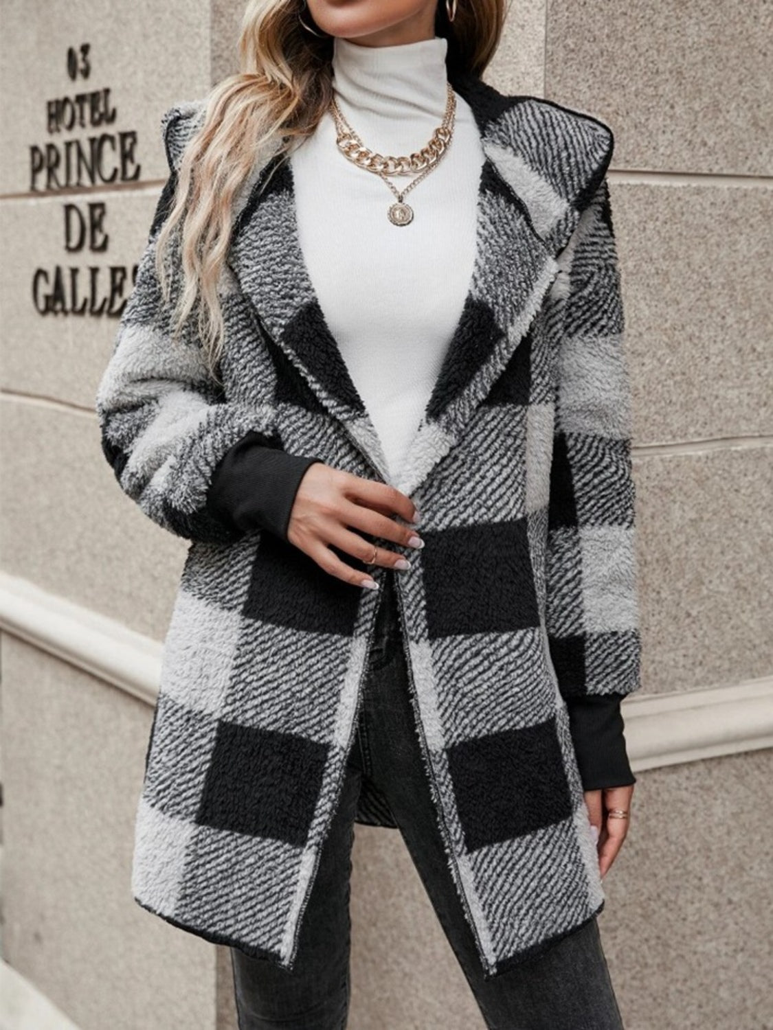 Plaid Long Sleeve Hooded Coat