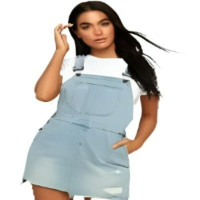 Light Blue Distressed Hem Pinafore Denim Dress